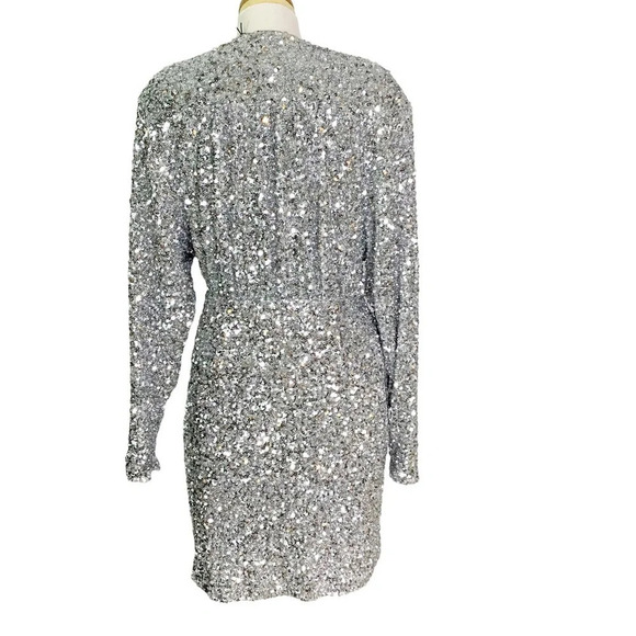 ROTATE BIRGER CHRISTENSEN Samantha Sequined Stretch Mini Wrap Dress Silver 4 - Picture 5 of 13
